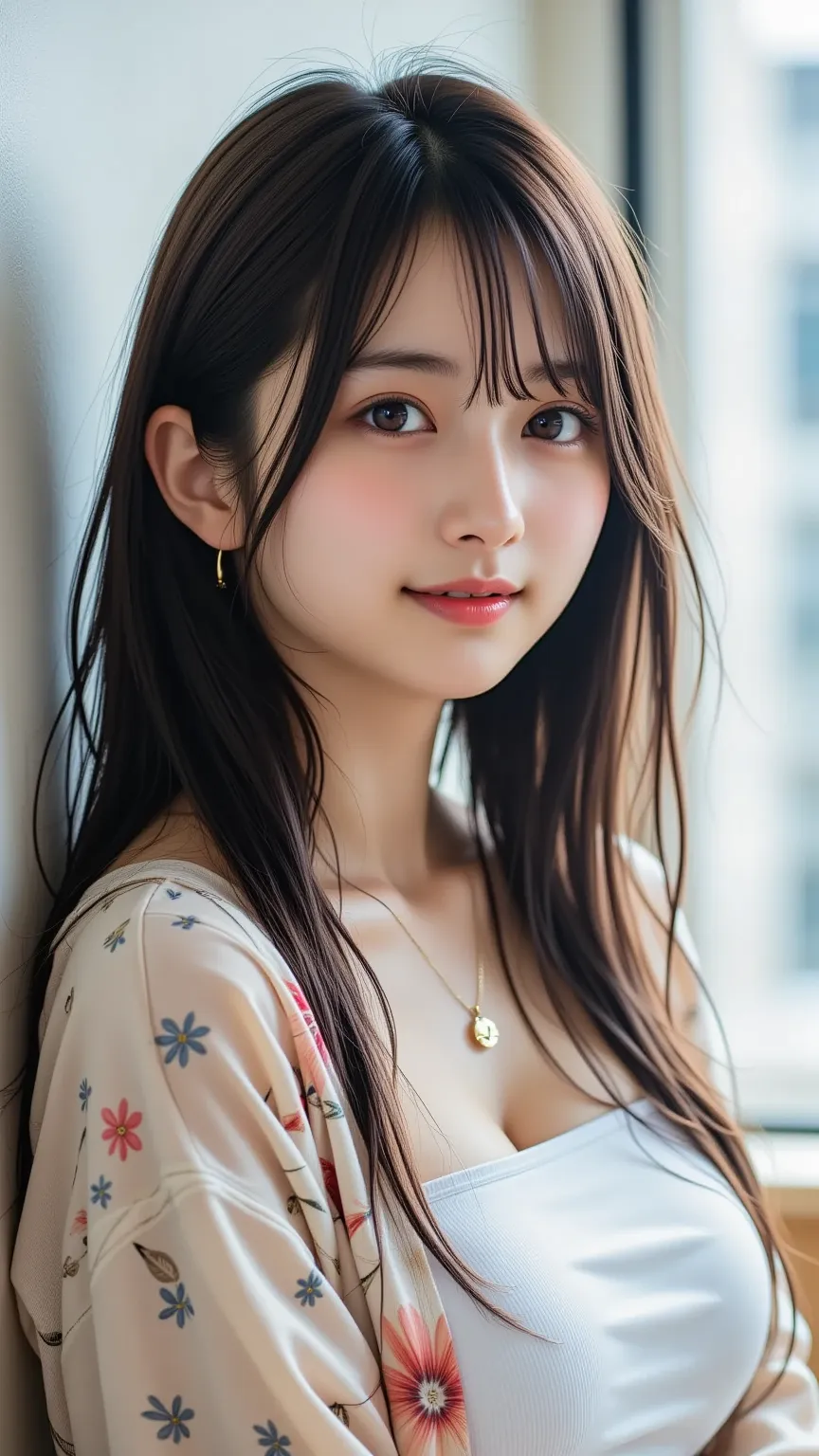 Create a portrait of a young Japanese woman in her early 20s, viewed from a side profile. She has wavy brown hair that falls to her shoulders. She is wearing a floral-patterned cardigan over a simple white shirt. Her hand is gently placed near her chin, wi...