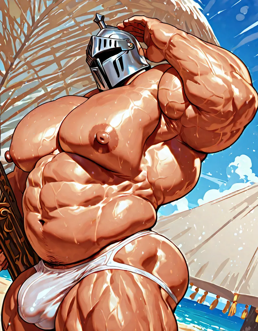 Sexy muscular figure, solo .knight,helmet, Beefy muscles.Thick chubby muscle gut, big pecs, bulge tease, armpits, wearing open-back white underwear briefs. nude, huge nipples. beach background,