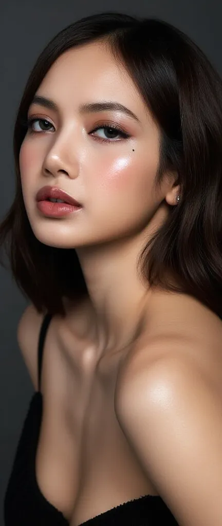 Dark brown hair , western make up , dior, blue eyes ,, nude pink make up , ถ่ายแบบ , L'Oréal paris , shiny hair , high quality , latin make up , pale skin , big breast , Perfect body