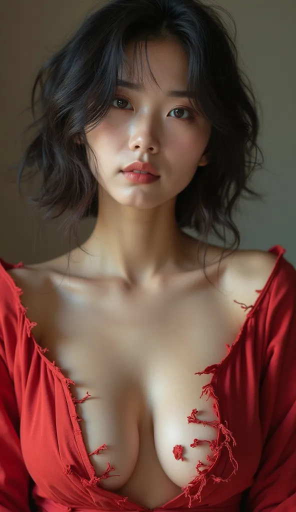 best quality, masterpiece, ultra high res, (photo realistic: 1.4),photograph,     1woman ,30 years old    ,japanese,((absentmindedness)),(((round face))),clean skin,natural skin color,((torn ragged tatter:1.5)),((Japanese　 crimson　Yukata))、wholel body imag...