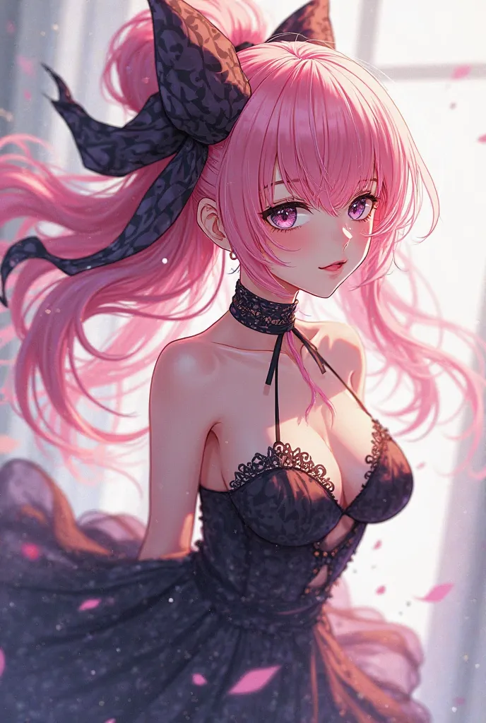 an anime girl who floats with one eye covered by bangs, long hair and a huge ribbon that ends on the left side with a huge bun, The hair is pink with black tips and wears provocative clothing