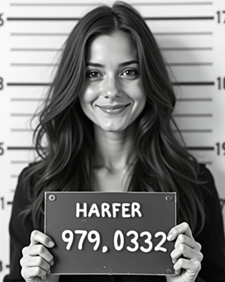 A beautiful young woman with long brown hair and dark eyes is smiling and appears in the typical police photo taken of you in America when the police arrest you with a sign with your serial number 