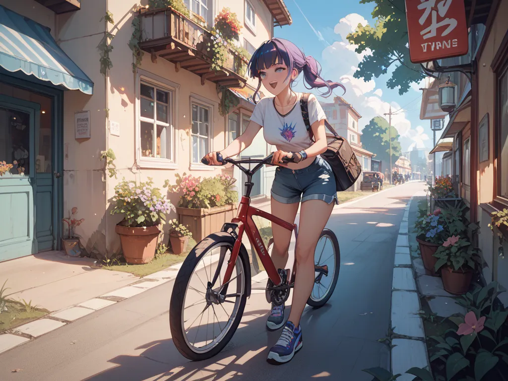 Nostalgic twilight、rural、Girl Pushing a Bicycle