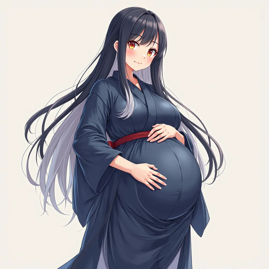 anime girl, long hair, big pregnant, orange eyes , very big breasts, very big belly , pregnant girl, biggest belly , anime style, half dark blue half white hair, big breasts, pregnant girl with big belly, smile,dark blue long kimono yukata,dark blue thin t...