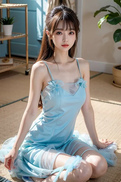 Japanese model is sitting on the floor and posing、I'm wearing a pastel blue, fluffy, and transparent dress、 gorgeous dress、beautiful Japanese girl face wearing a ring on her finger、camera、Cute beautiful face,  pretty face,  beautiful eyes in every detail 、...