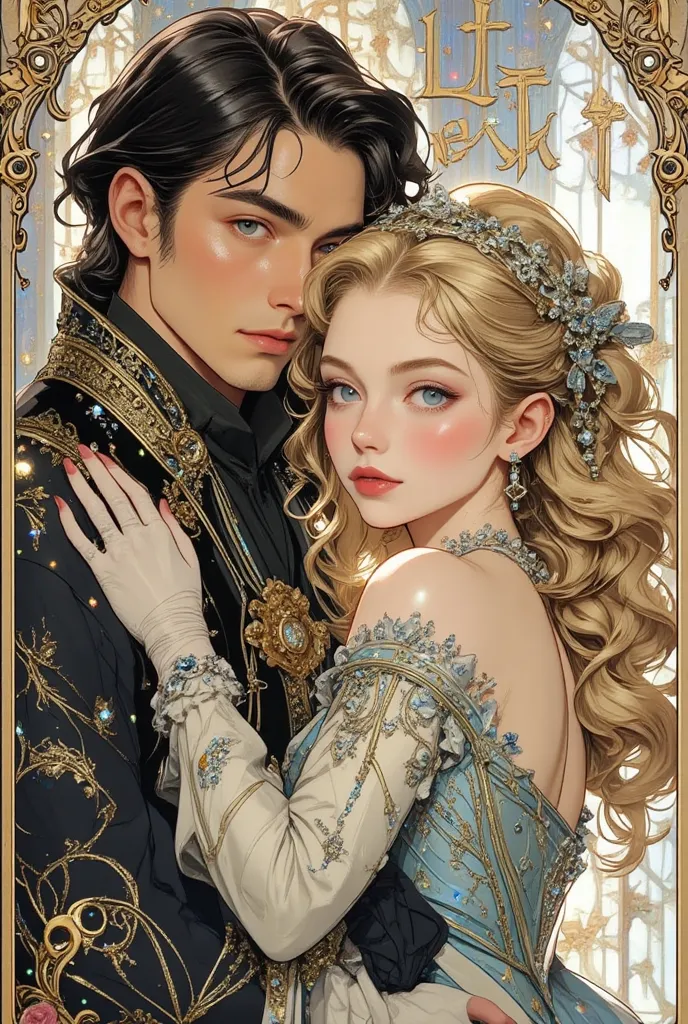 An otome book cover of a beautiful 17-year-old rainasances princess with blond hair beautiful blue eyes (she is a Korean villainess) ahe is wearing extravagant ball gown decorated with diamonds and beautiful gloves and beside her is a 18 years old duke wit...