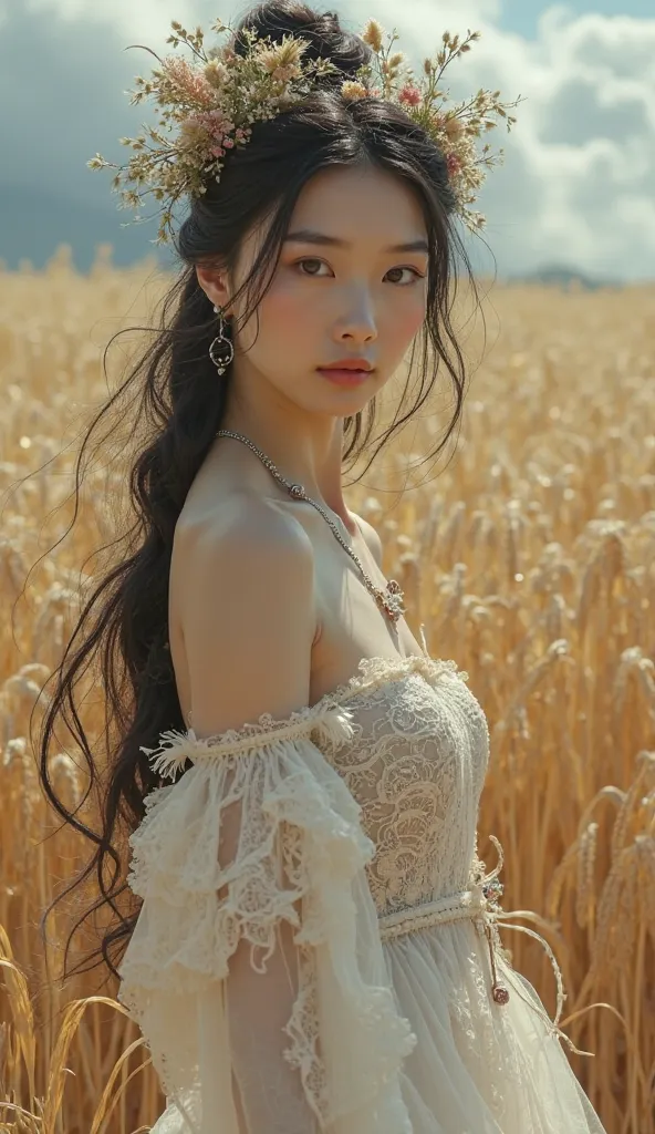 A sexy Asian  girl with pale, glazed tiled skin is standing gracefully among the visually lengthening golden wheat fields. The trunk sways like an ocean that never calms under the storm that is forming, the wind blowing with the smell of earth and rain blo...