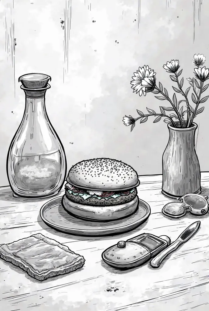 Peux-tu me créer une image d'une vanité en noire et blanche avec un style très simpliste tel qu'un style en cartoon la vanité devra comporter des objets que j'aime tel que des burgers des montres de l'argent et des objets qui représentent le temps qui pass...