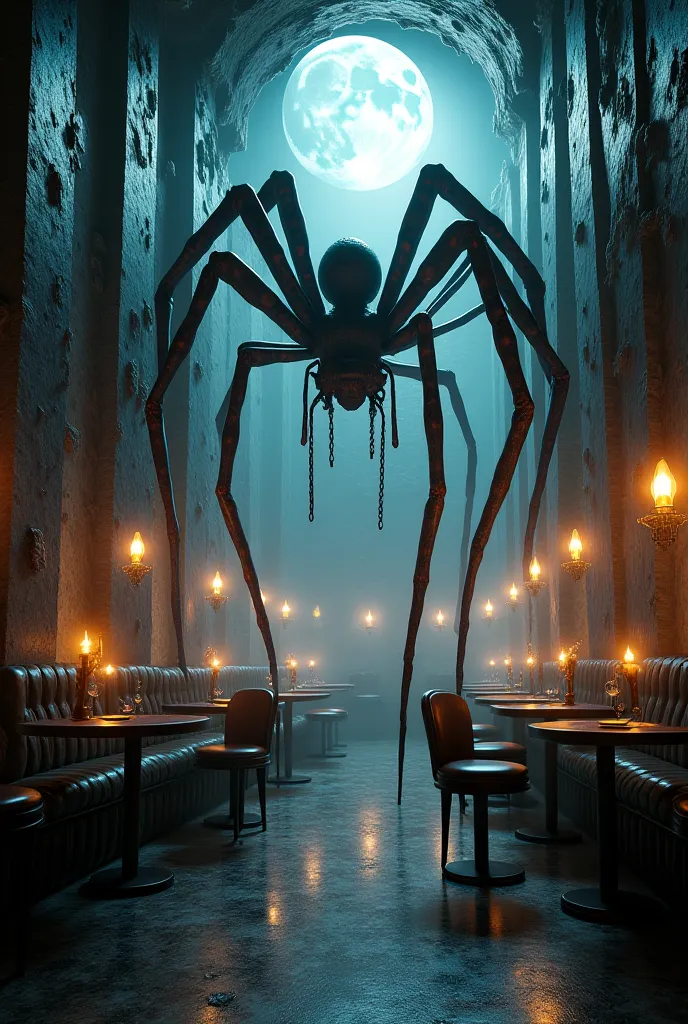 An old cafe in a semi-unknown place has walls with a spider other than chairs, similar to abstraction, with a night and a dim moon similar to surrealism
