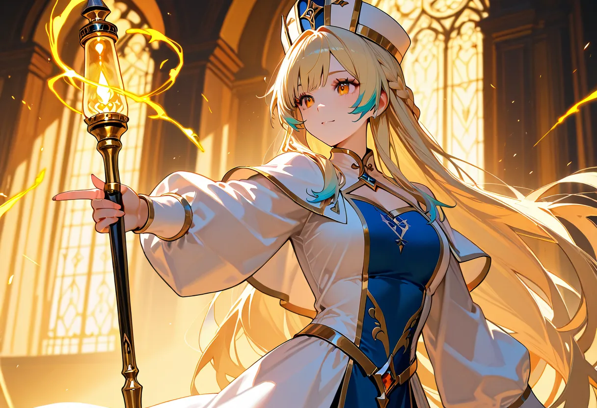 1 woman, very long hair, braided, blonde hair with blue highlights, orange eyes, beautiful face, cute, dressed in a white high priestess outfit, elegantly holding a holy light magic wand.