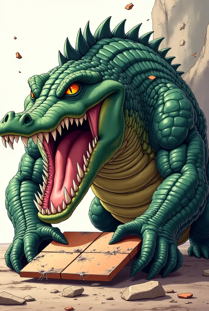 Anime crocodile with muscles crushing tile with jaw
