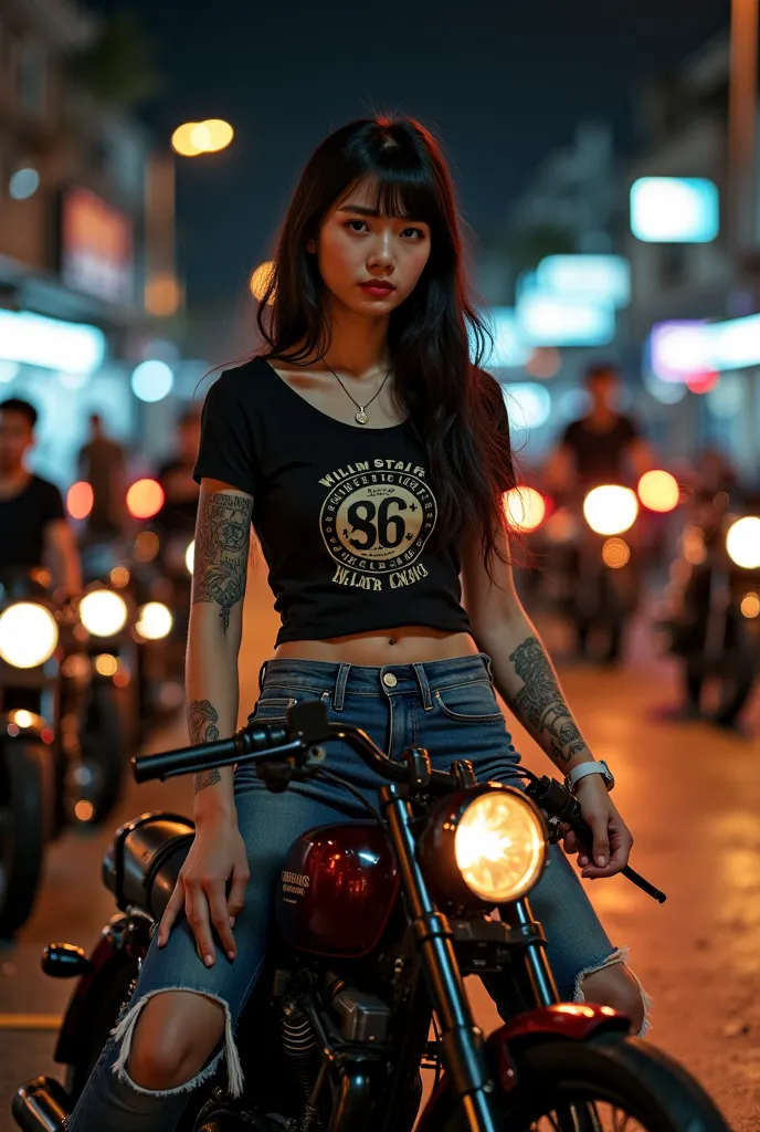 Masterpiece of photography, gangster group Thai girl 4-5persons, 16-20years, thin and slim body, wear tshirt and short jeans, show little size fashion tattoos style on random position, standing and riding on motorcycle in gangster style, infront motorcycle...