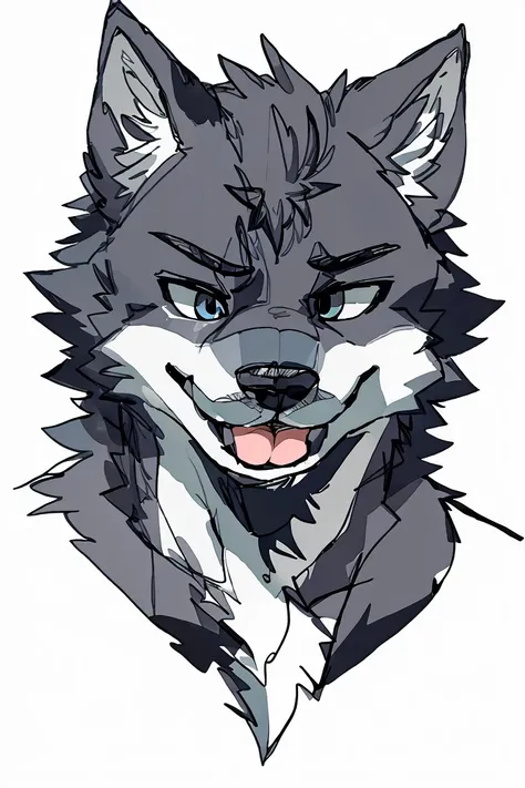 Scribble wolf face, cute face, anthro(wolf), grey wolf, gray wolf,  (blep:1.3), smile, blinking, simple background, printmaking style, mouth closed, 