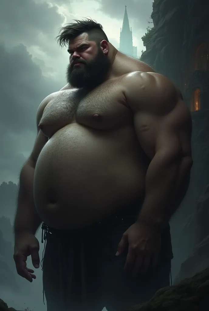 typical giga-chad,overweight,detailed facial features,serious expression,standing pose,double chin,large belly,sweat covered skin,thick neck,messy hair,heavy brows,4k,8k,photo-realistic,studio lighting,extremely detailed,dramatic lighting,epic fantasy land...