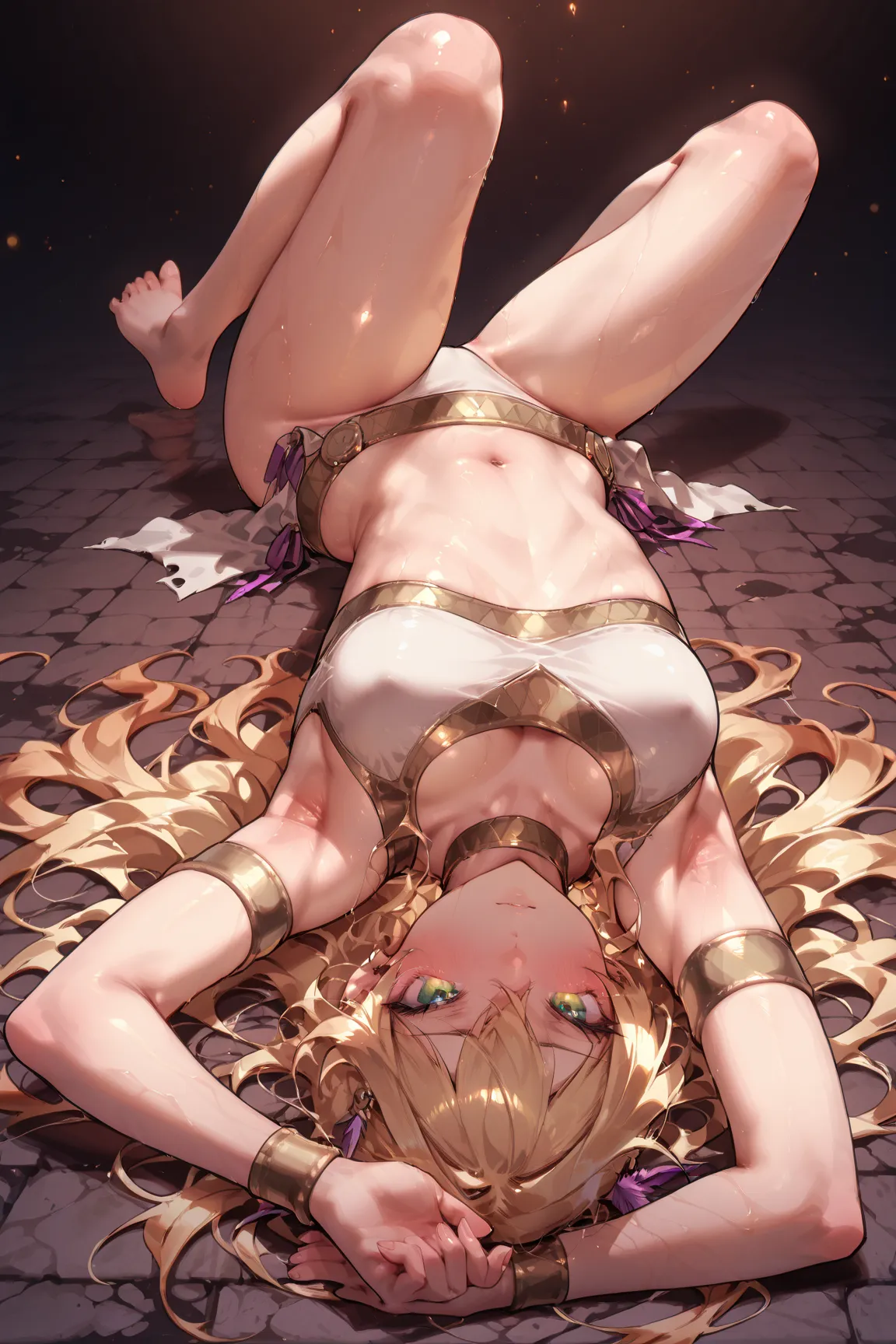 (musterpiece), (best quality), (score_9, score_8_up, score_7_up), (amazoness paladin), (blushing), (rocky floor),  shy, Shiny Oiled Skin, (full body), lying on back,  armpit, upside-down, from below, pov chest,