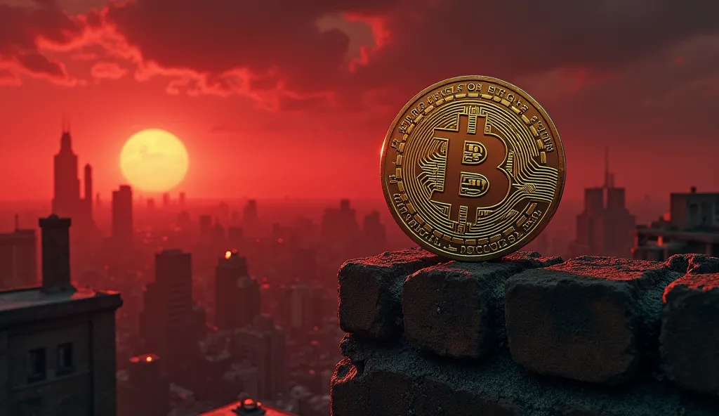 in the center a gold coin with the inscription ("BG") is spinning on the edge of a brick wall on the roof of a building. In the background a city dying from a post-apocalypse. blood red horizon. black sky