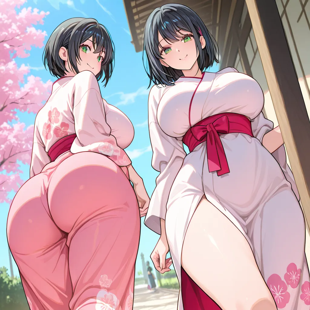 An anime woman wearing a traditional Japanese dress has a big butt, thighs and big breasts and is standing walking in the gardens of Japan with a happy face, green eyes and short graduated black hair.. The place is the pink gardens of Japan. pink trees . B...