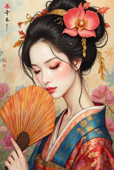 (top quality,greatest masterpiece:1.4),(ArsMJStyle),High Precision、absurd、use gentle colors、A woman who hid her mouth with a Japanese fan、Wears a Beautiful Japanese Kimono、colorful phalaenopsis。pastel background、Oil Painting and Digital Art、Delicate and Bo...