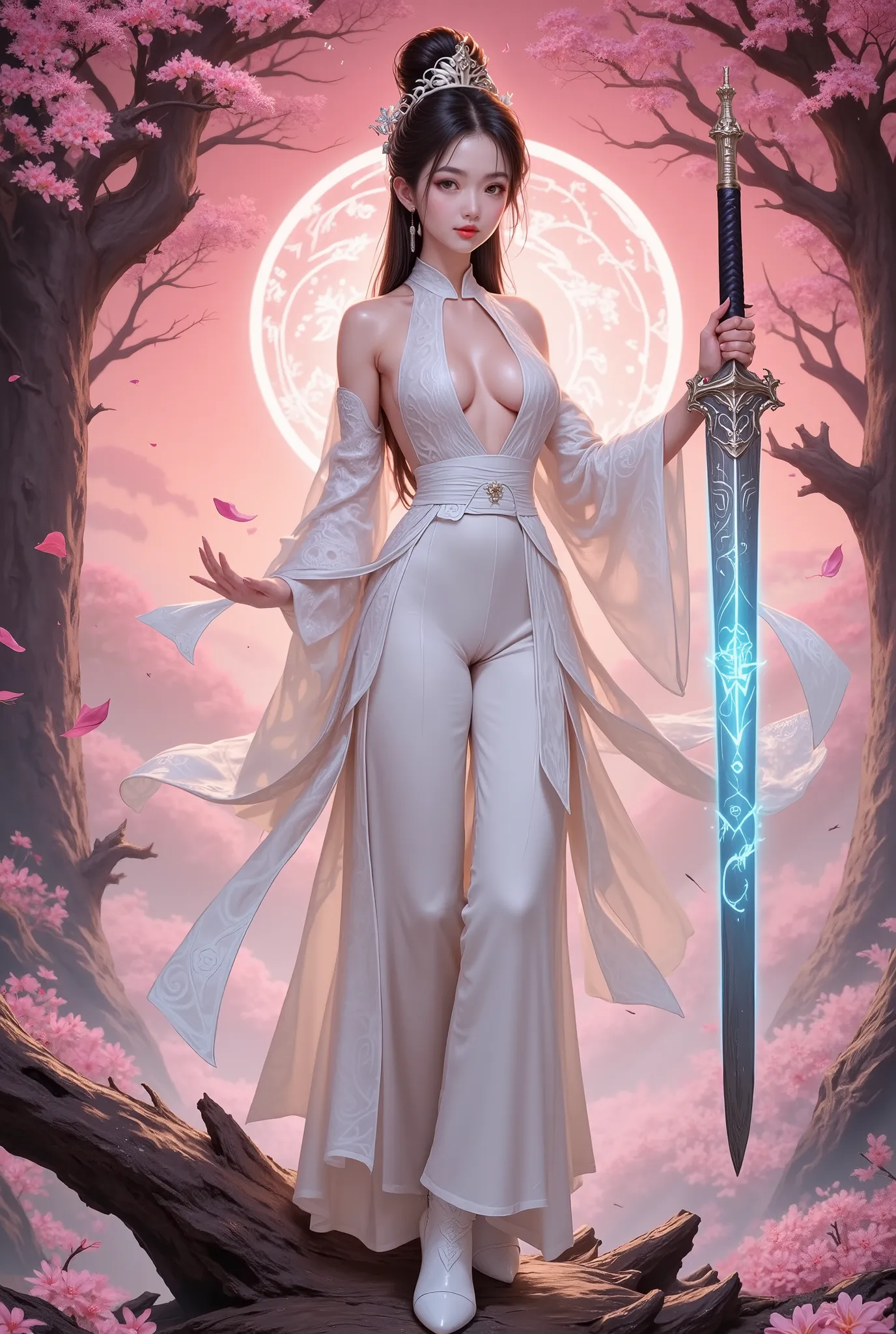 full body, character wuxia Xiaolongniu ((-Dragon)) inspired by Chinese writer Wuxia Jin Yong, Looking at the viewer, the most beautiful woman, elegant, slim body, perfect hand, Hanfu silk white dress, engraved lace dress, Long white pants, white knot, whit...