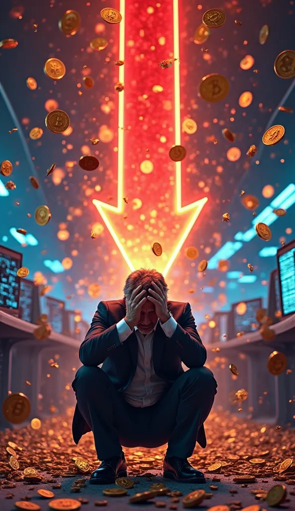 A distressed figure, middle-aged man, kneels amidst a chaotic scene of falling cryptocurrencies.  A massive, fiery red downward-pointing arrow, representing a catastrophic market crash, erupts from the center, engulfing and shattering crypto coins like Bit...