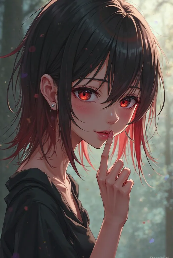 Anime girl in red black bent forward holding a finger in front of her mouth how do I whisper a secret 