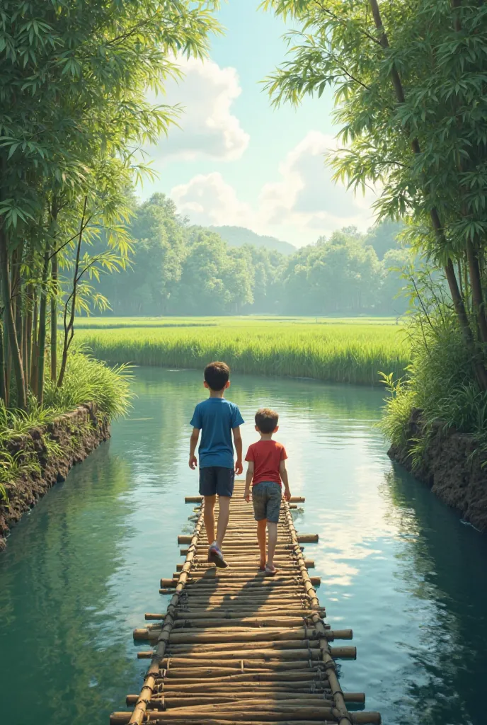 Crossing the bamboo bridge
"The two boys carefully crossing a narrow bamboo bridge over the calm river. The older boy in the blue t-shirt leads, cautiously stepping forward, while the younger boy in the red t-shirt follows closely behind, excited and curio...