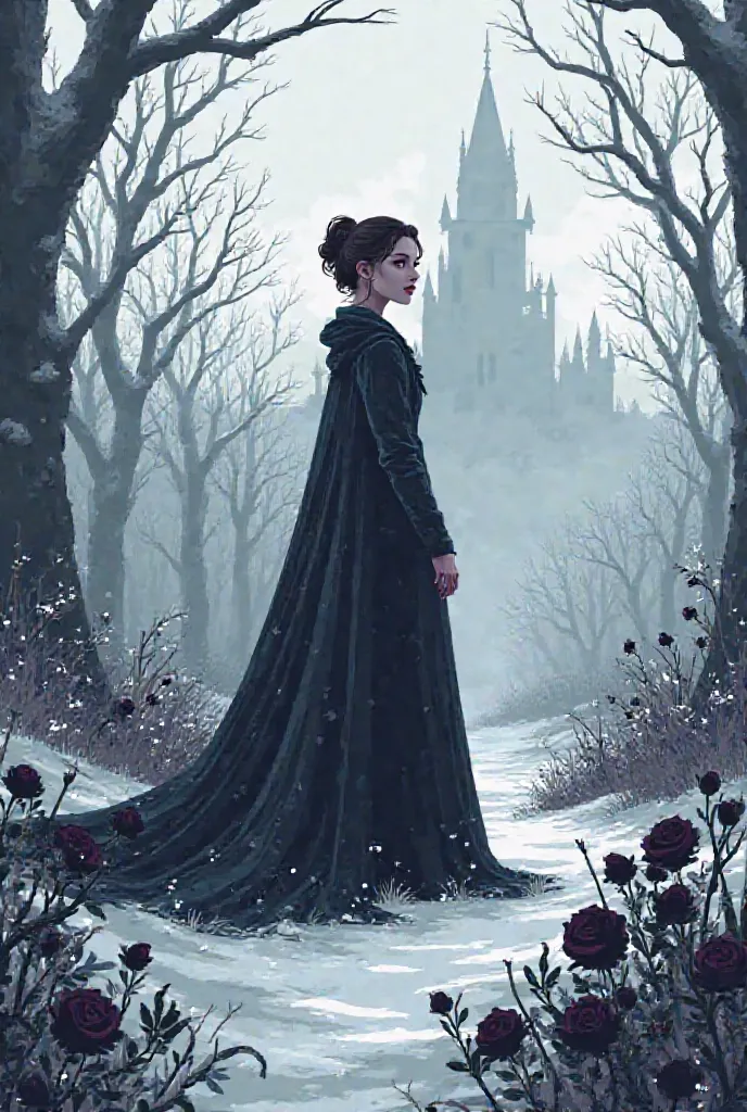 Pixel dark fantasy aesthetic - a princess in a dark, cold and snowy forest covered in dark-almolst black roses and a medieval castle in the distance