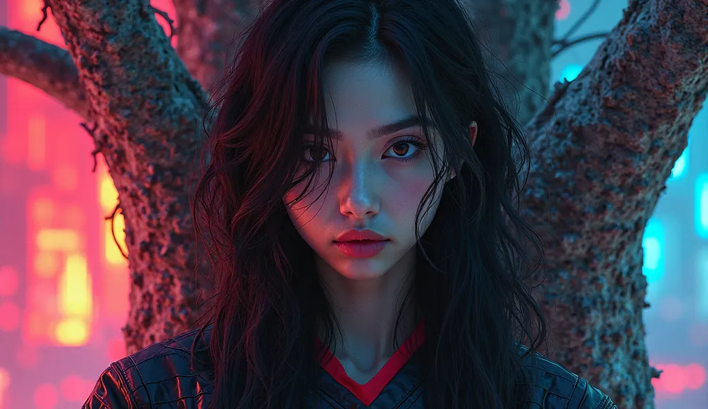 polychrome, 1 girl, Arabic girl, asian, black hair, looking ahead at viewer, trunk, front viewer, limited-palette, black backdrop, Ablaze, neon apocalyptic elm city background