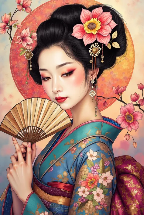 (top quality,greatest masterpiece:1.4),(ArsMJStyle),High Precision、absurd、use gentle colors、A woman who hid her mouth with a Japanese fan、Wears a Beautiful Japanese Kimono、colorful phalaenopsis。pastel background、Oil Painting and Digital Art、Delicate and Bo...