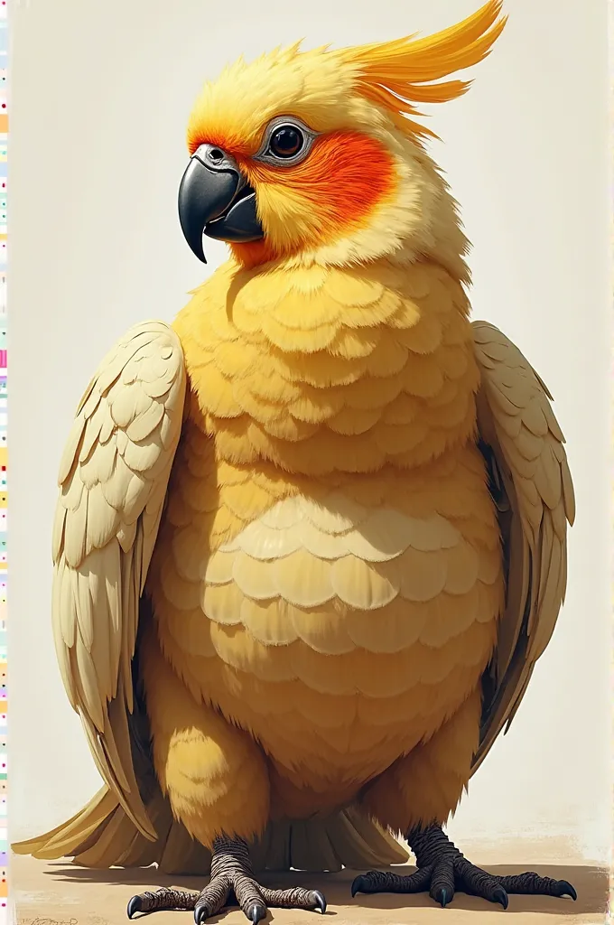 A tanned cockatiel, , lean muscular body, with a large bump over the clothing where the crotch is 