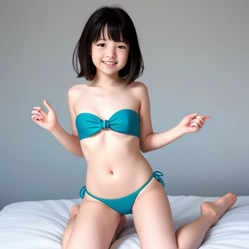 Vroup of Age1 midget daughter posing wearing strapless bikini, skinny, in bed, barefoot, legs opened smiling,   