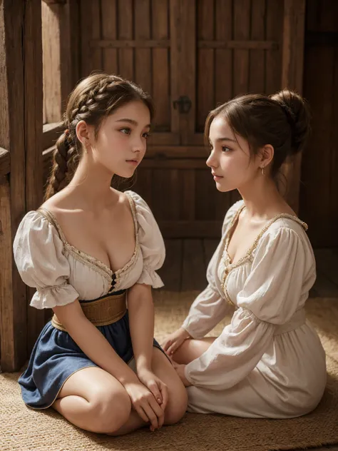  wear medieval low-cut peasant clothes ，Two beautiful fourteen year old girls，   charming expression   ，Compact facial features， highest quality，  ultra-detailed ， 8,000，sexy， texture skin ，sexy的姿势， pale ，2 girls， no bangs，sexy， small ，Visible areola，full ...