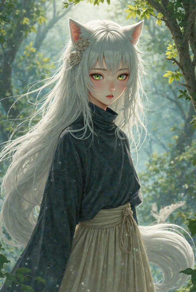  18 Year Old Japanese Girl ，Silver White Wolf Tail Long Hair，Lake water green peach eye，Wear a loose black sweater，Beige long skirt，2.5th Dimension