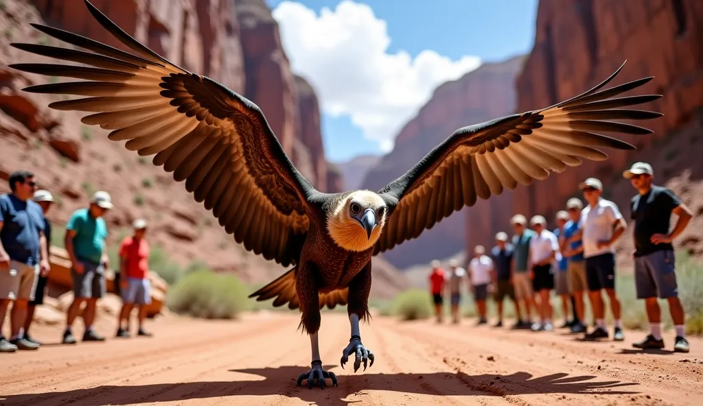 The condor spreads its wings fully for the first time since the rescue. The bandage remains but does not hinder movement. It hops forward, testing its balance. The rescuers watch in hopeful anticipation, some with cameras recording the moment. The canyon, ...