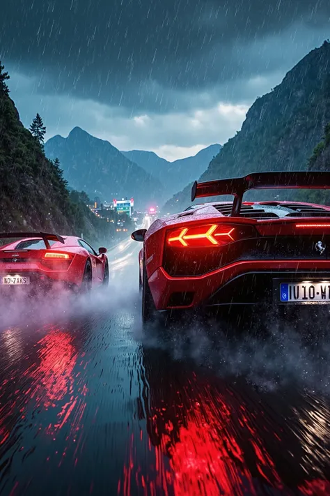 A hyper-realistic photograph of two exotic sports cars, a Lamborghini and a Ferrari, racing through the winding curves of a rainy mountain highway at night. The wet asphalt glistens, reflecting neon city lights in vibrant hues of blue, pink, and purple, cr...