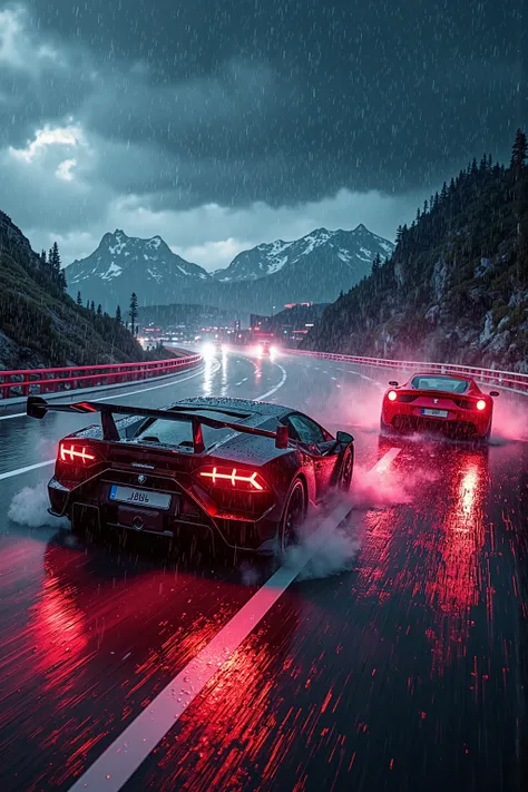 A hyper-realistic photograph of two exotic sports cars, a Lamborghini and a Ferrari, racing through the winding curves of a rainy mountain highway at night. The wet asphalt glistens, reflecting neon city lights in vibrant hues of blue, pink, and purple, cr...