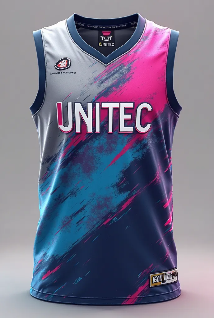 Create a colorful (with touch of gray, blue and pink) basketball jersey design for sando and shorts with "UNITEC" word in the middle 