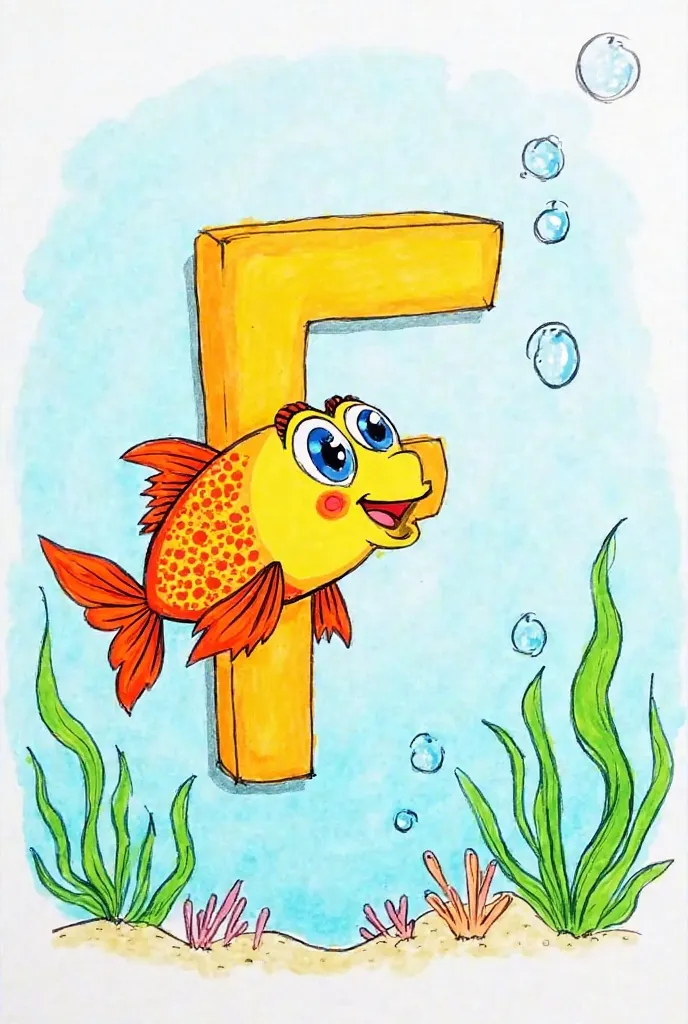 "A ren's drawing of the letter 'F' creatively designed as part of a fish. The letter 'F' forms the body of a colorful, cartoon-style fish with bright orange and yellow scales, large round eyes, and playful fins. Add a smiling face and bubbles floating arou...