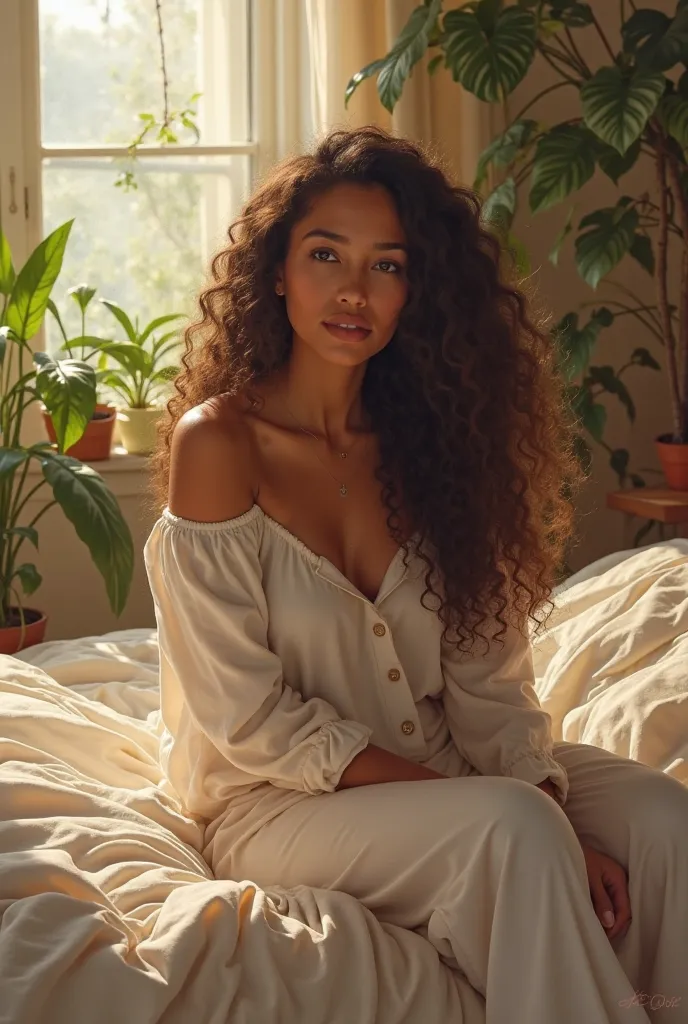 (photorealism:1.2), beautiful woman, sitting on bed, wearing loose off-shoulder top, pajama pants, long curly hair, indoors, soft lighting, plants in background, window with sunlight, cozy room, relaxed pose, realistic, intricate details, warm colors, by G...