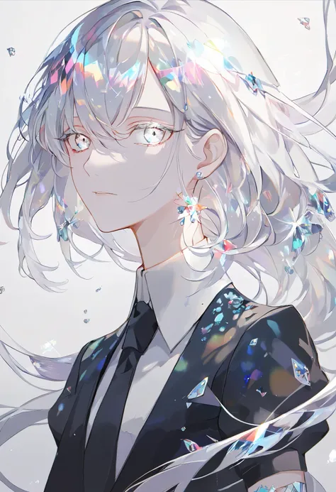 Beautiful, solo, long hair, white hair, silver eyes, white shirt, black suit, short sleeves, houseki no kuni, gem, crystals