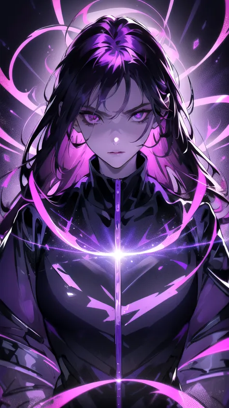 dark black without a face or anything with purple flames in the background, emitting evil  purple aura  evil aura,  turned to the side , Purple eyes glow, with glowing purple eyes, with purple glowing eyes, only purple , purple aura , dark glowing  purple ...