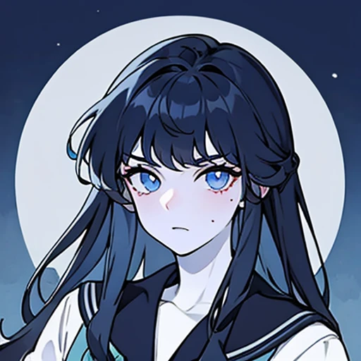 Dark blue eyes, dark blue hair, straight long hair, theme color is black, pale, white skin, sailor suit, beautiful female, manly look, hanging, manly face