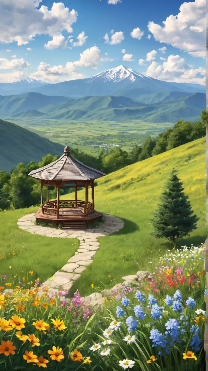 A peaceful park on a rolling hilltop, overlooking a valley filled with wildflowers. A wooden gazebo stands at the highest point, offering a perfect view of distant mountains. The breeze rustles the tall grass, and the sky stretches endlessly, dotted with f...