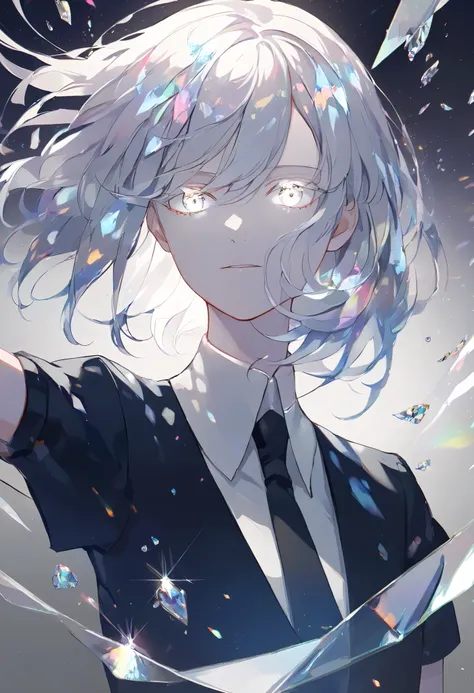 Beautiful, solo, long hair, white hair, silver eyes, white shirt, black suit, short sleeves, houseki no kuni, gem, crystals