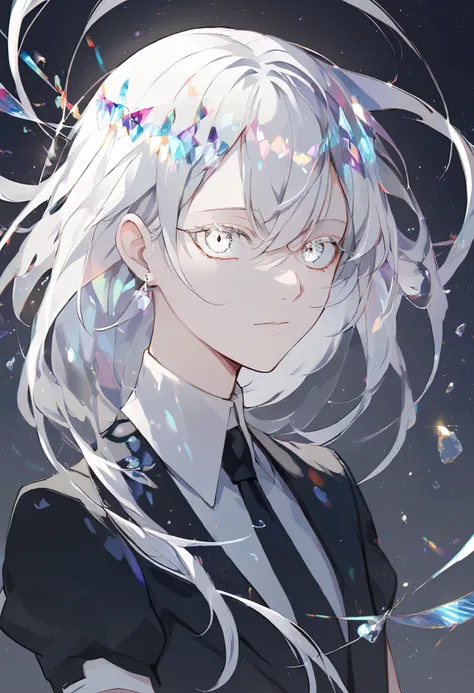 Beautiful, solo, long hair, white hair, silver eyes, white shirt, black suit, short sleeves, houseki no kuni, gem, crystals