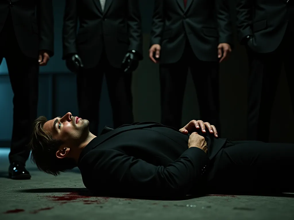 A handsome man,Brown hair,muscular,black suit,green eyes,with a gunshot wound to his abdomen,That your injury is recent ,Have your bodyguards around you,at night,that he is lying on the floor  