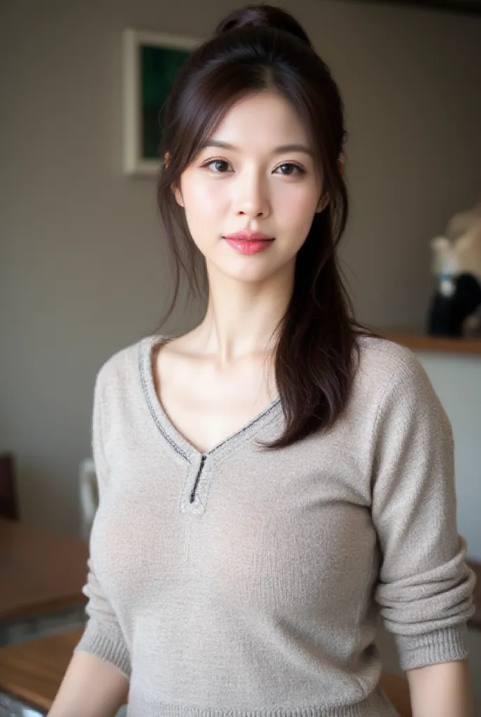  upper body、Middle-aged Japanese women 、Her natural beauty is wearing a light gray sweater with thin black lines from her chest to her waist,   captured by seated lipstick  .   has a horizontal ponytail creating a relaxed vibe  ,   and her gentle smile  . ...