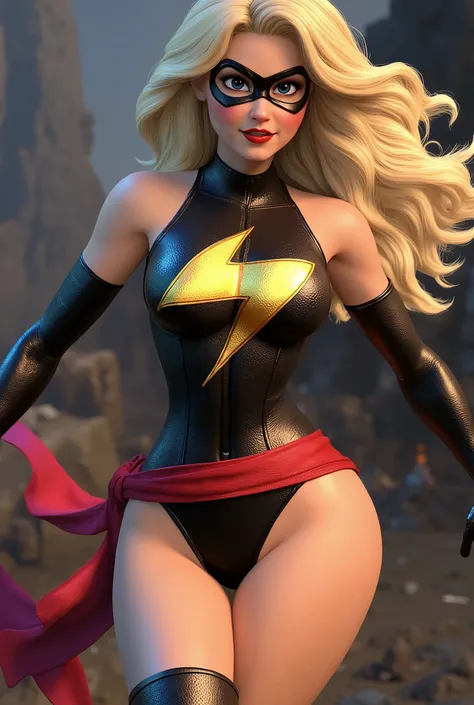 beautiful, sexy, ms marvel, blonde hair, black outfit, cinematic lighting, dramatic pose, fierce expression, dynamic action, powerful superhero, photorealistic, 8K, HDR, physically-based rendering, professional digital art, vibrant colors, chiaroscuro ligh...
