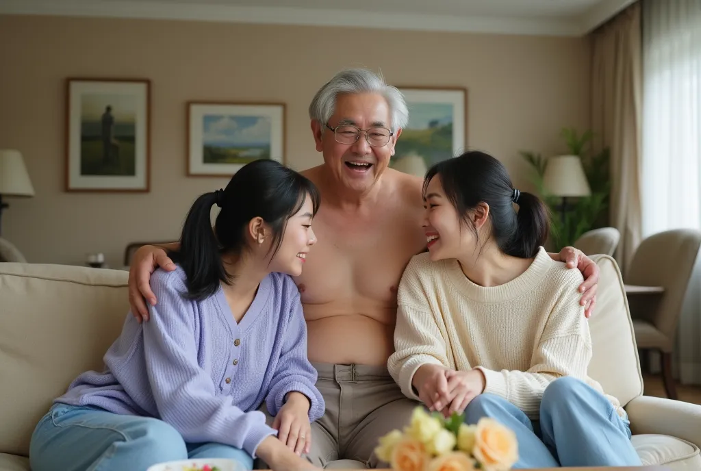 masterpiece , real photo, full body, (((Two korean beautiful young girl and one old korean man couple))), {Two young korean women, mid-twenties, seated on light beige sofas in a spacious, well-lit, elegant living room.  The woman on the left, with short, d...