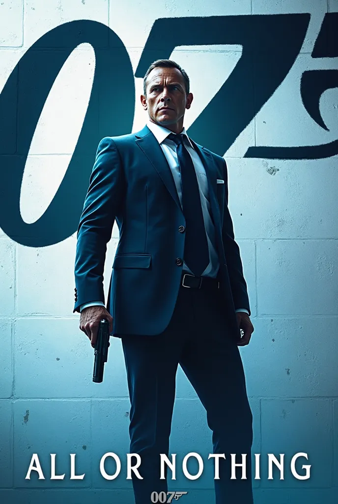 White wall with in black large numbers 007 with Musclar build with short black hair as James Bond holding a gun as an action adventure movie poster with Fantasy blue color with Title in large white letters All or Nothing. With short black hair 